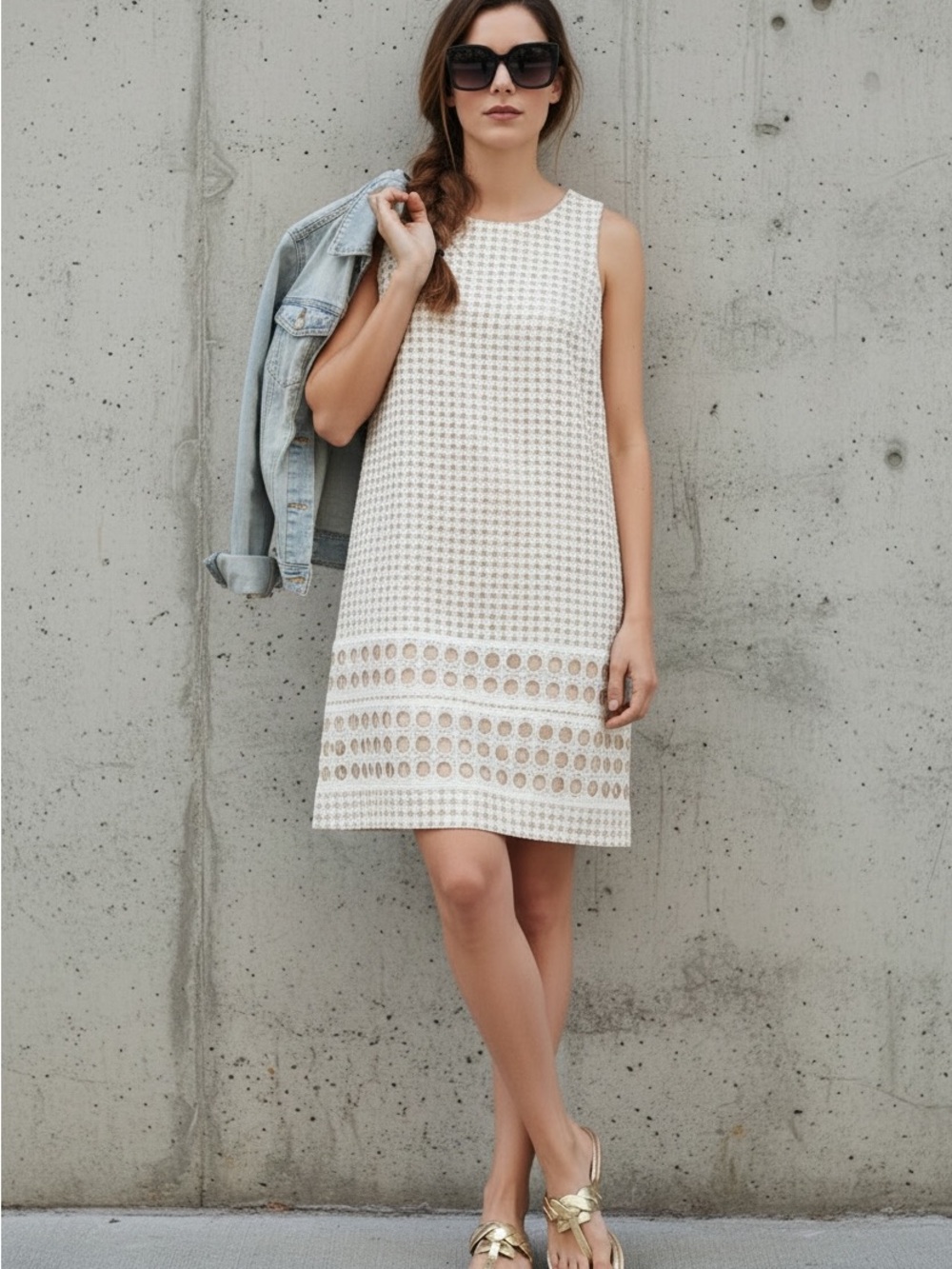 NWT Vince Camuto Geometric Eyelet Shift Dress Cream 2P